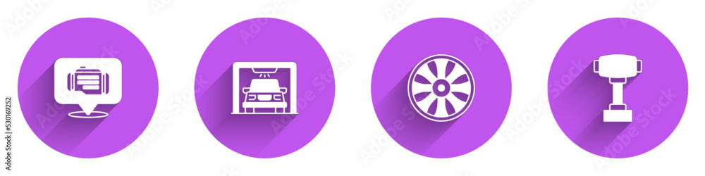 Set Check engine, Car wash, Alloy wheel for car and Gear shifter icon with long shadow. Vector