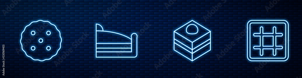 Set line Brownie chocolate cake, Cookie or biscuit, Piece of and Waffle. Glowing neon icon on brick 