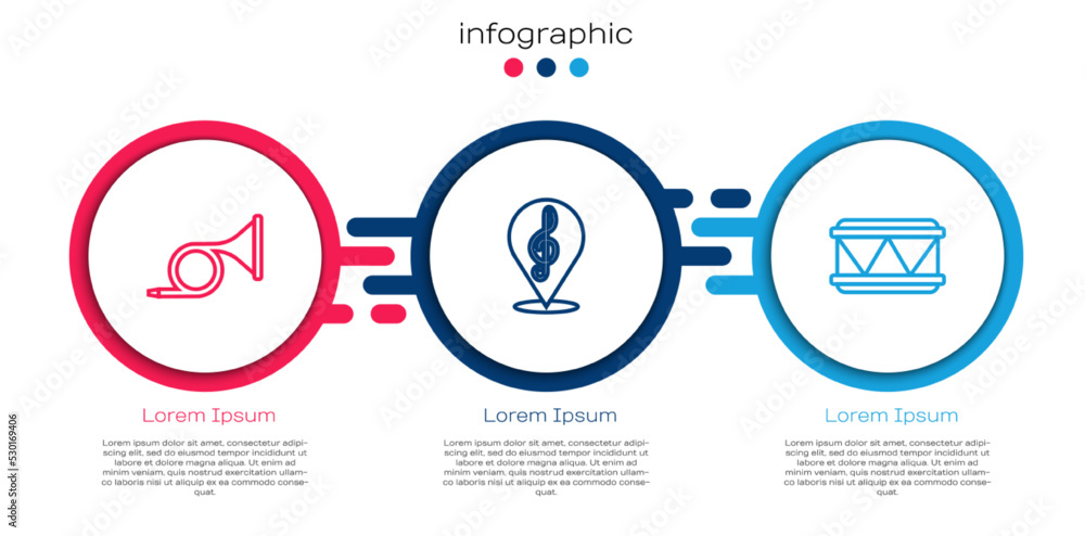 设置线小号、高音谱号和鼓。商业信息图模板。矢量