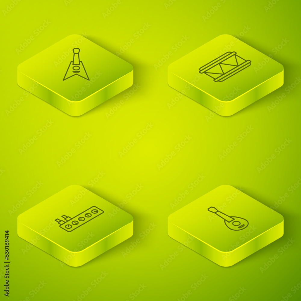 Set Isometric line Drum, Sound mixer controller, Guitar and Electric bass guitar icon. Vector