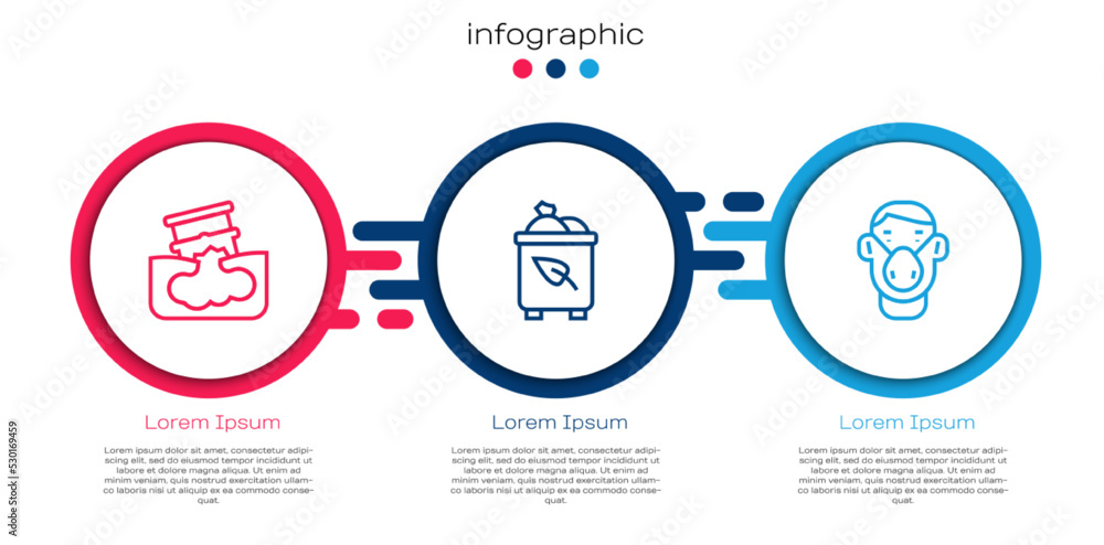 Set line Barrel oil leak, Recycle bin with recycle and Face protective mask. Business infographic te