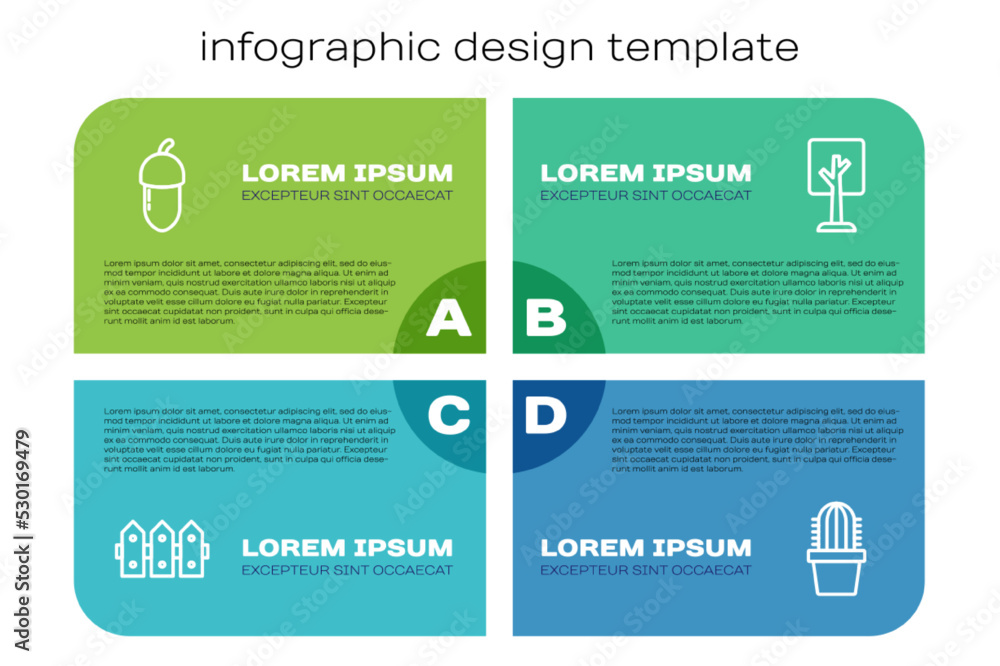在花盆和森林中设置花园围栏木、橡子、仙人掌。商业信息图表模板。