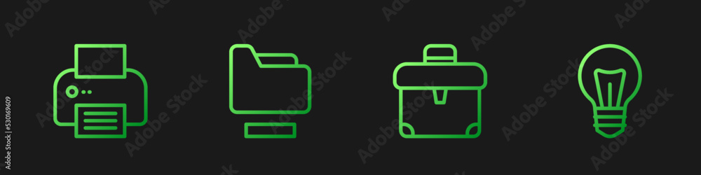 Set line Briefcase, Printer, Document folder and Light bulb. Gradient color icons. Vector