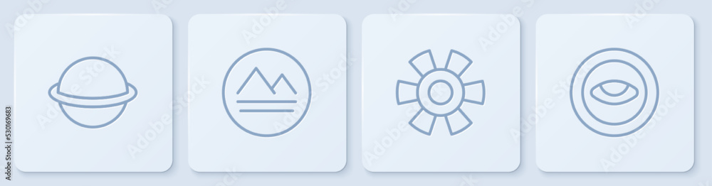 用眼睛设置土星、太阳、地球元素和奖章。白色方形按钮。矢量