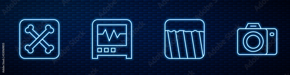 设置线路地面、考古、地震仪和摄影相机。砖墙上闪闪发光的霓虹灯图标。矢量