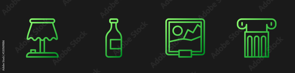 Set line Picture, Table lamp, Bottle of wine and Ancient column. Gradient color icons. Vector