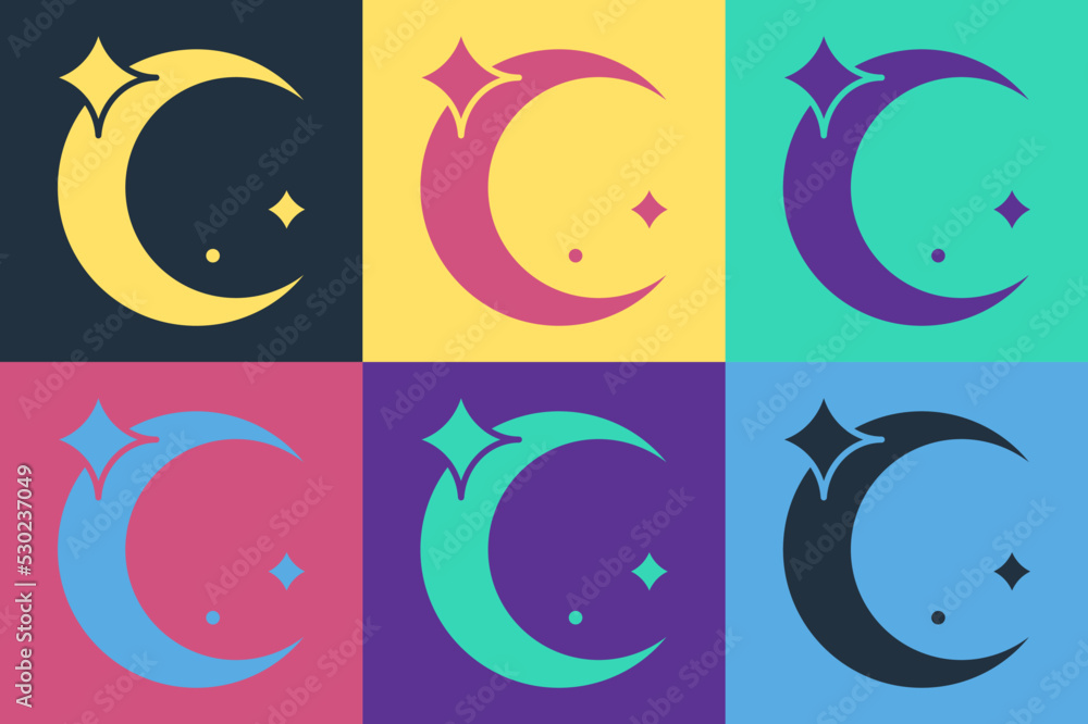 Pop art Moon and stars icon isolated on color background. Vector