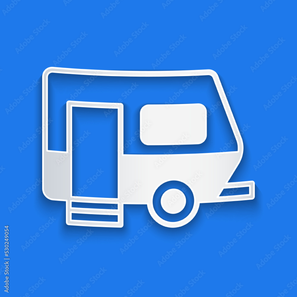 Paper cut Rv Camping trailer icon isolated on blue background. Travel mobile home, caravan, home cam