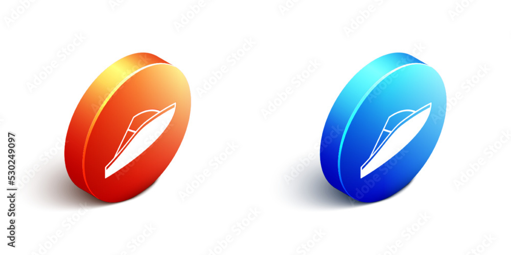 Isometric Speedboat icon isolated on white background. Orange and blue circle button. Vector