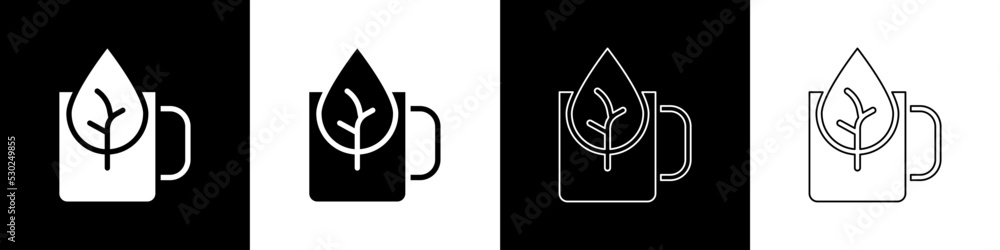 Set Cup of tea with leaf icon isolated on black and white background. Sweet natural food. Vector