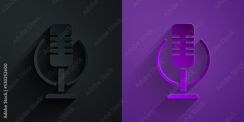 Paper cut Microphone icon isolated on black on purple background. On air radio mic microphone. Speak