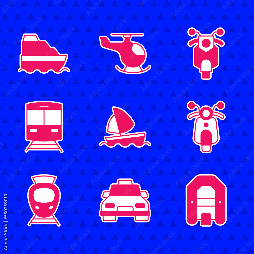 Set Yacht sailboat, Taxi car, Rafting, Scooter, Tram and railway, Train, and Cruise ship icon. Vecto