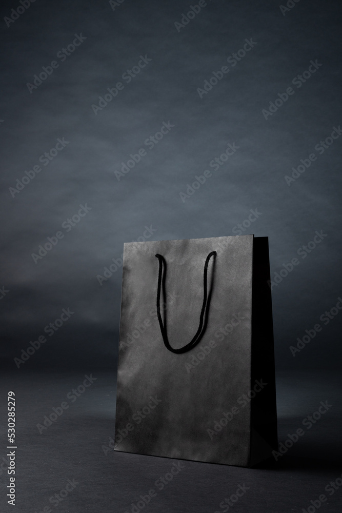 Composition of gray paper shopping bag on gray background