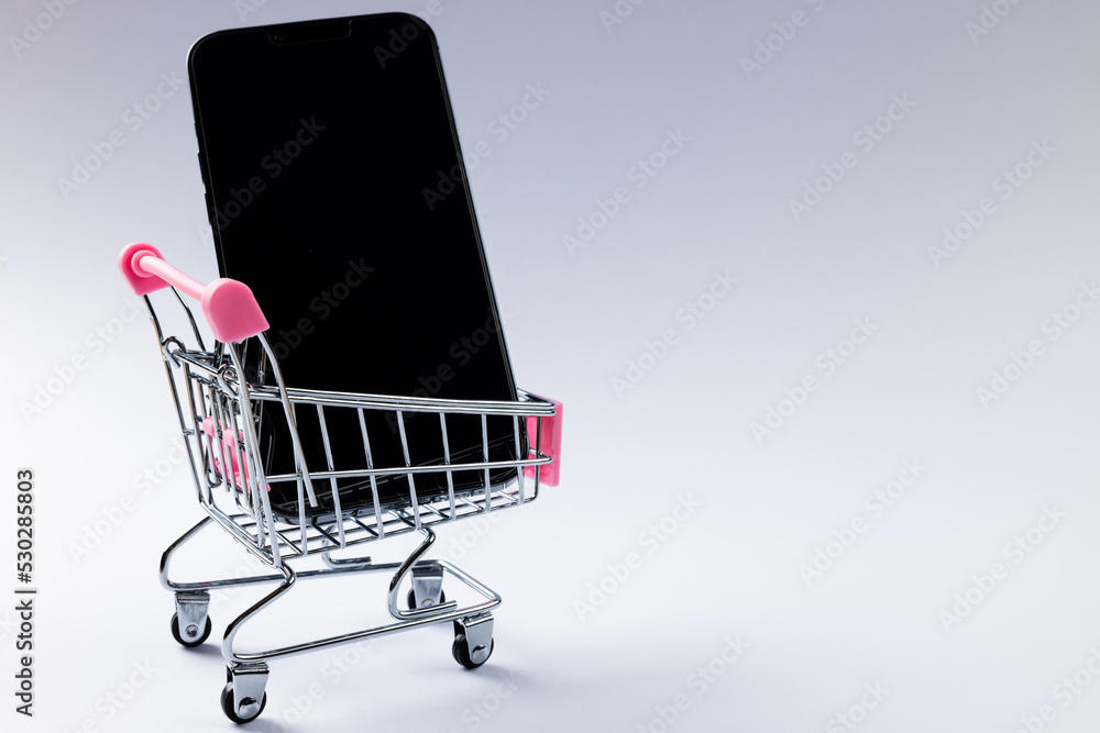 Composition of shopping cart with smartphone and copy space on white background