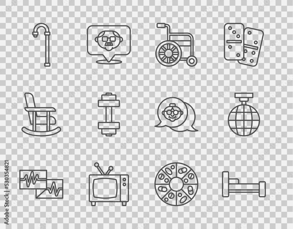 带心电图、床、轮椅、复古电视、手杖、哑铃、维生素p的在线监测仪