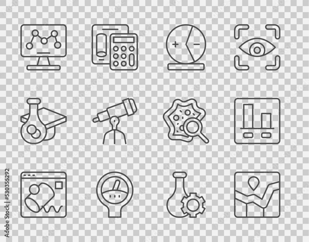 Set line Data visualisation, Graph chart infographic, Atom, Gauge scale, Genetic engineering, Telesc