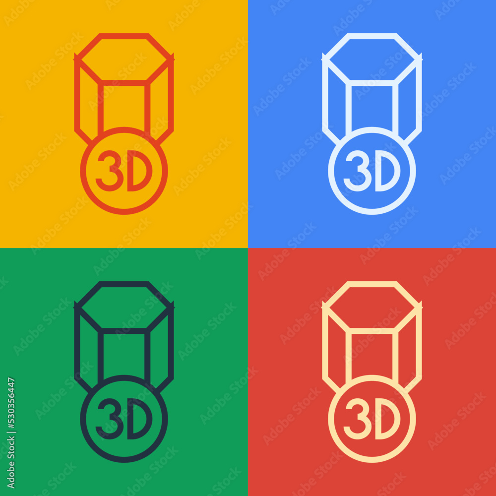 在彩色背景上隔离的波普艺术线条3D打印机图标。3D打印。矢量