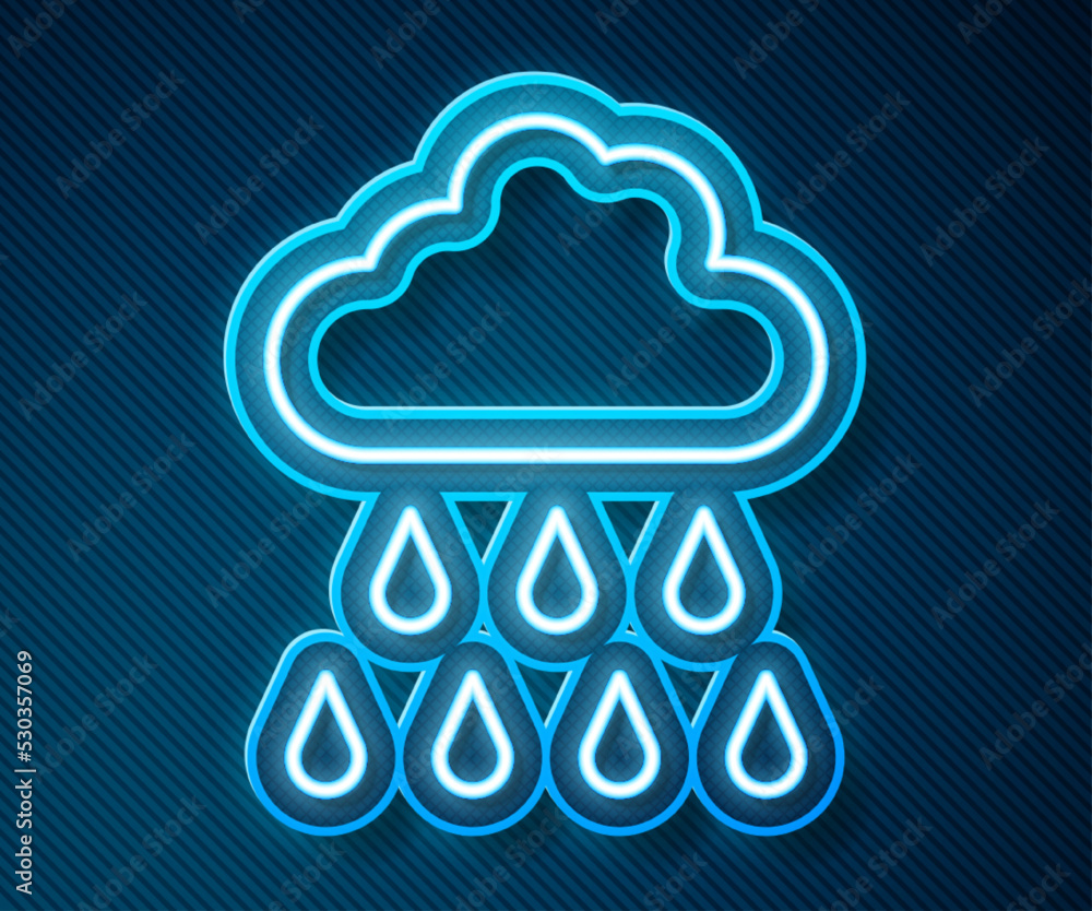 Glowing neon line Cloud with rain icon isolated on blue background. Rain cloud precipitation with ra