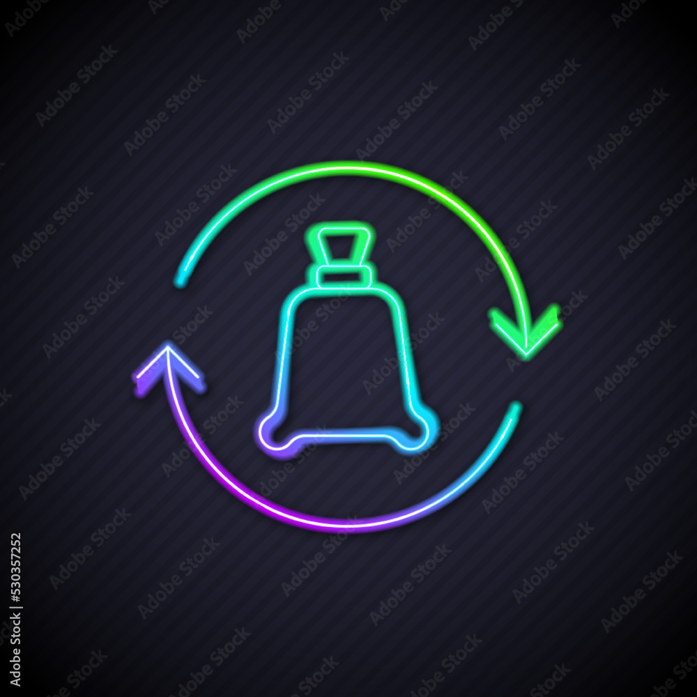 Glowing neon line Garbage bag with recycle symbol icon isolated on black background. Trash can icon.