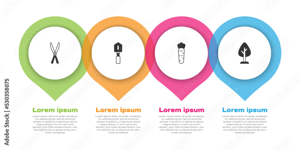 套装园艺手工剪刀、铲子、胡萝卜和森林。商业信息图模板。矢量