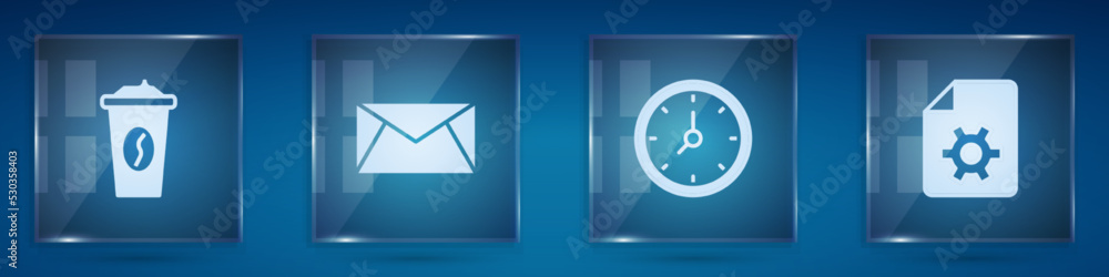 Set Coffee cup to go, Mail and e-mail, Clock and Document settings. Square glass panels. Vector