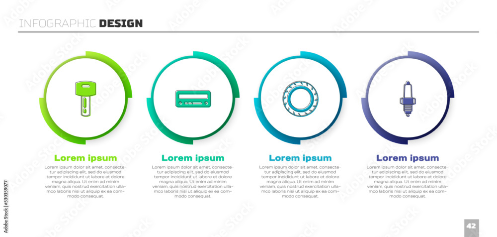 设置带遥控器、音频、轮胎轮和火花塞的车钥匙。商业信息图模板。Vector