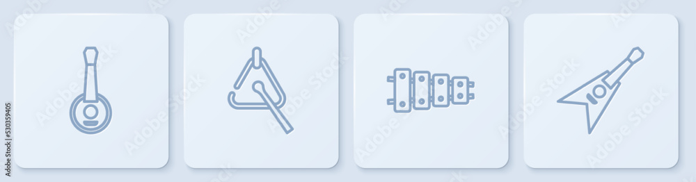 设置线班卓琴、木琴、三角琴和电低音吉他。白色方形按钮。矢量