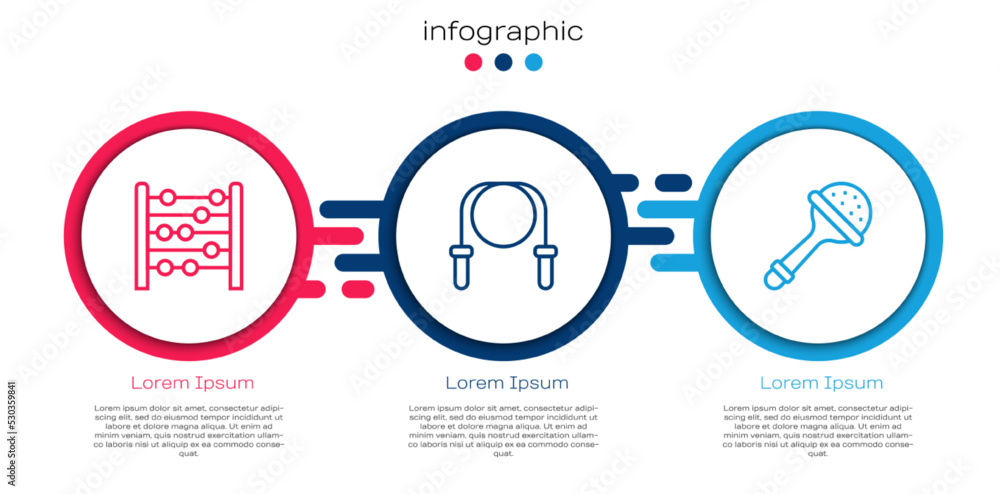 设置线算盘、跳绳和响叮当婴儿玩具。商业信息图模板。矢量