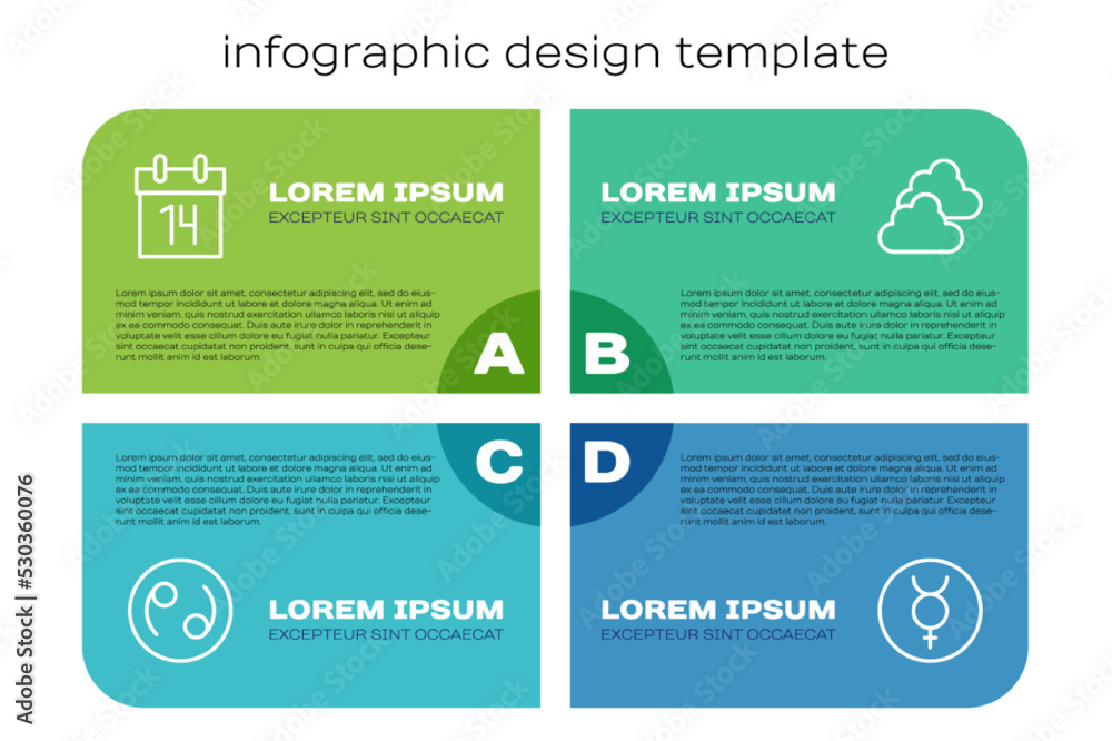设定癌症生肖、日历、象征水星和多云天气。商业信息图形模板。