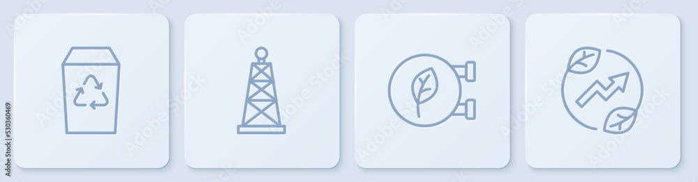 设线回收站、环保车间、石油钻机和节电插片。白色方形按钮。矢量