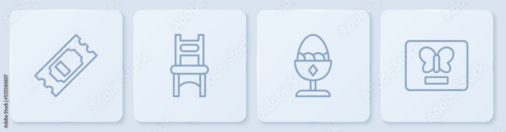电影院套票，展台上的鸡蛋，椅子和蝴蝶架。白色方形按钮。矢量