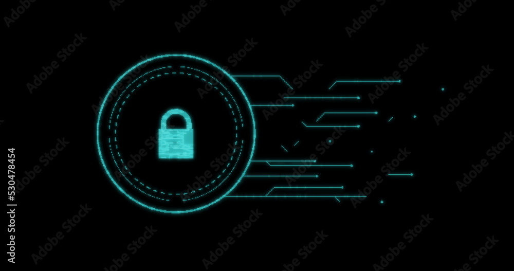 Security padlock icon over data processing against black background