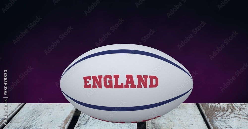 Composition of rugby ball decorated with text england on black background