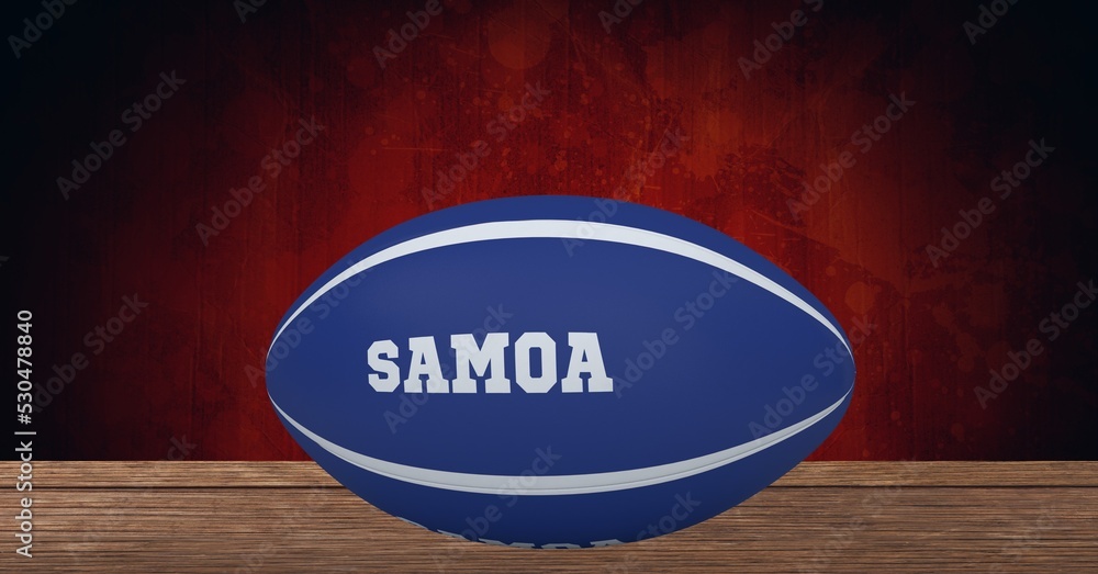 Composition of rugby ball decorated with text samoa on black background