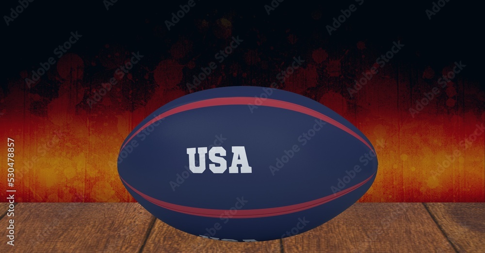 Composition of rugby ball decorated with text usa on black background