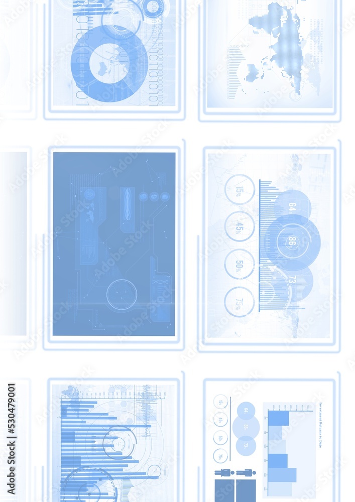 Multiple digital screens with data processing with copy space against white background