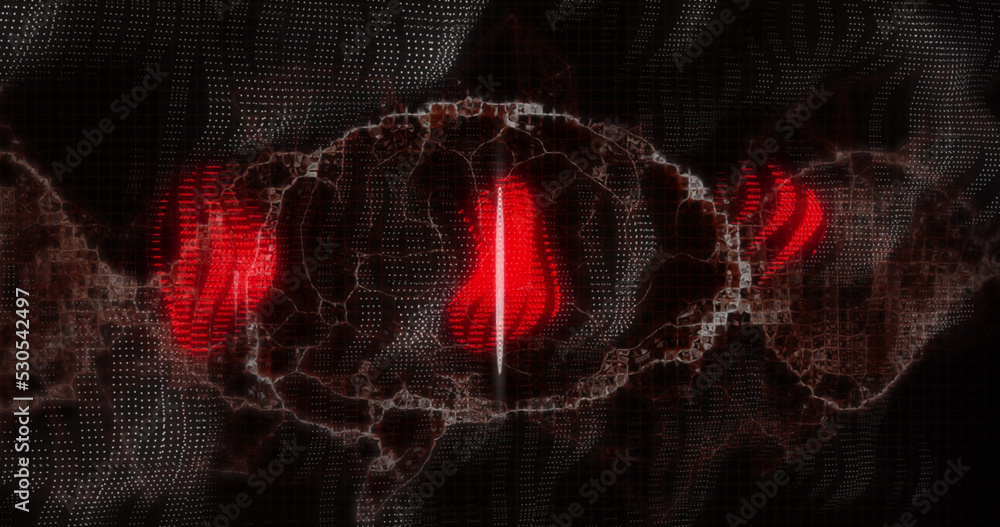 Image of white fingerprint and brain with glowing red research data processing on black