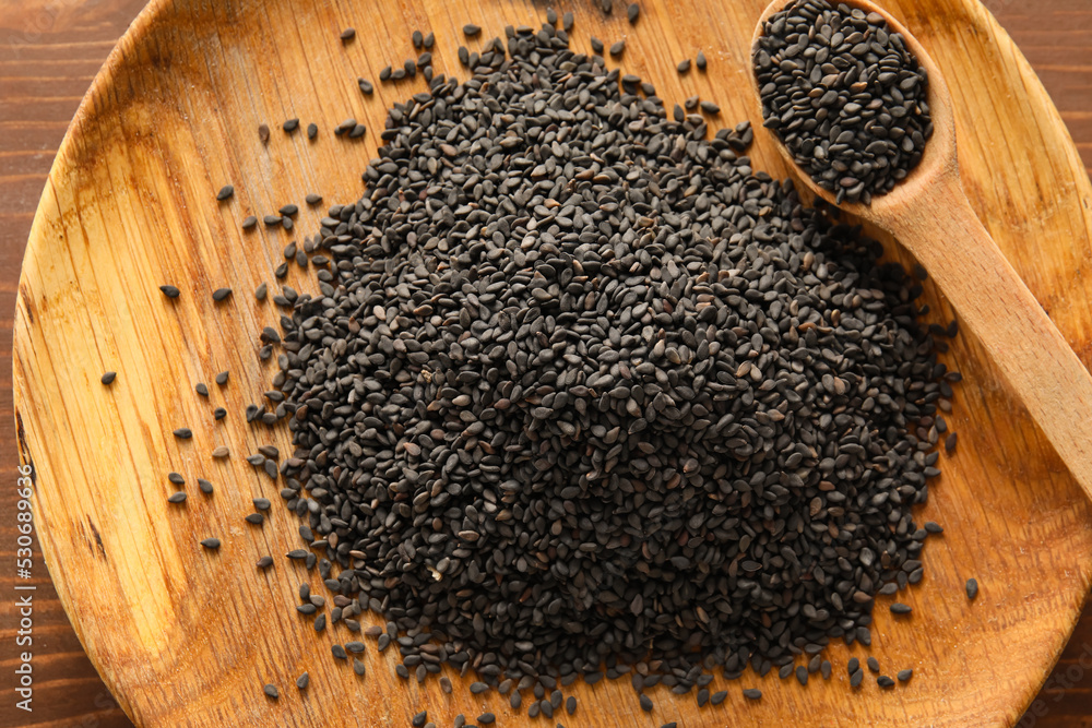 Plate of black sesame seeds, closeup