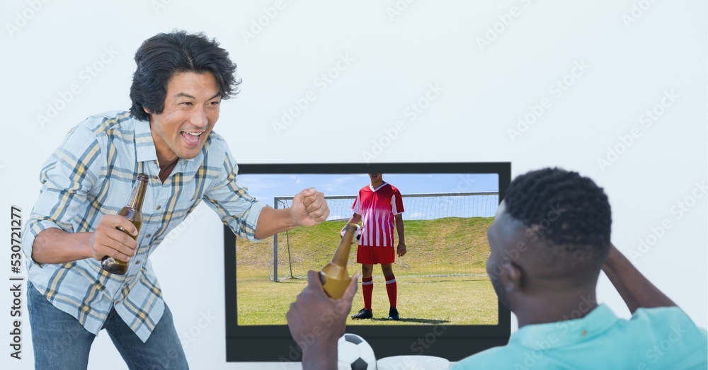 Composition of two male sports fans watching football match on tv