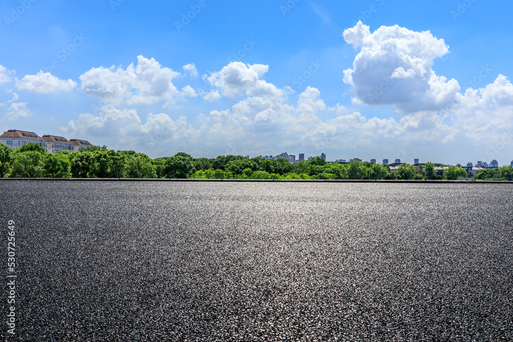 天空云背景的沥青路和绿色森林