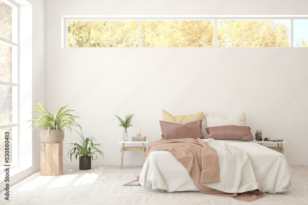 White bedroom interior. Scandinavian design. 3D illustration