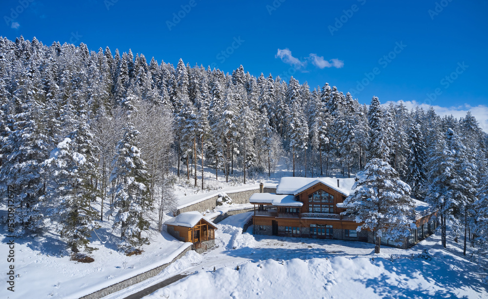 滑雪场雪地森林中的木制酒店