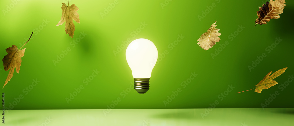 Light bulb with falling leaves - 3D render