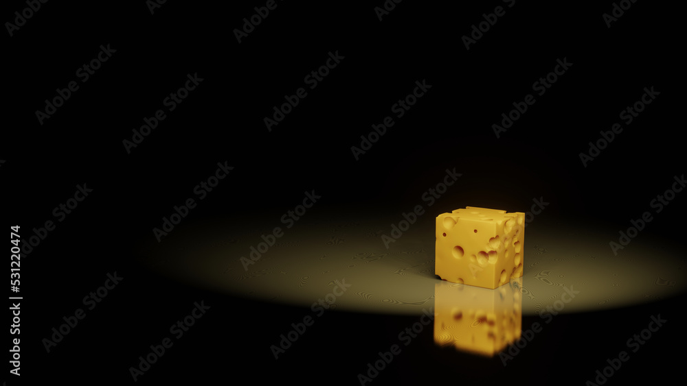 Cheese cube in close range on a glass kitchen desk (3D Rendering)