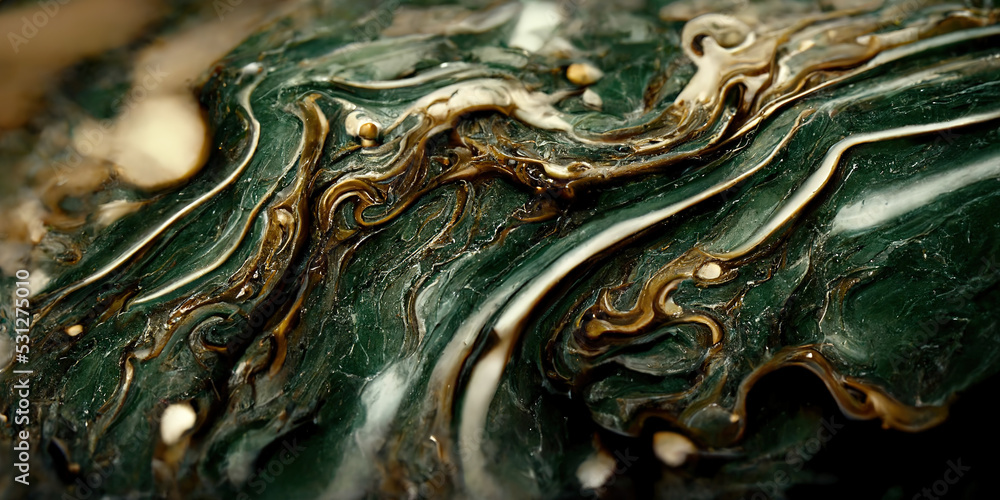 Spectacular image of green and gold liquid ink churning together, with a realistic texture and great