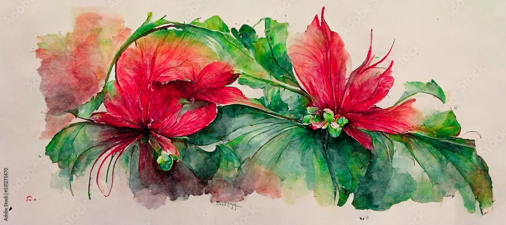 Spectacular watercolor painting of red flower and green leaf drawing in digital art 3D illustration 