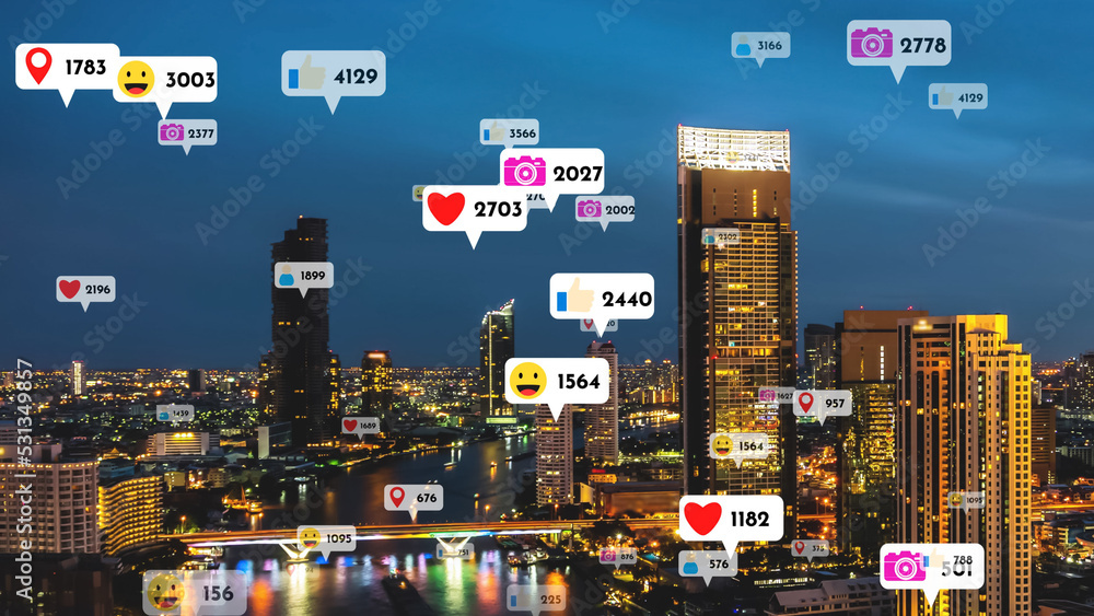 Social media icons fly over city downtown showing people reciprocity connection through social netwo