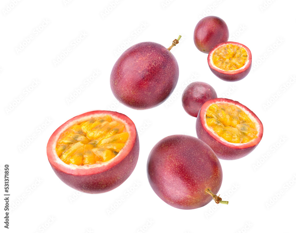 Purple passion fruit (Passiflora edulis) levitate isolated on white background. full depth, Clipping