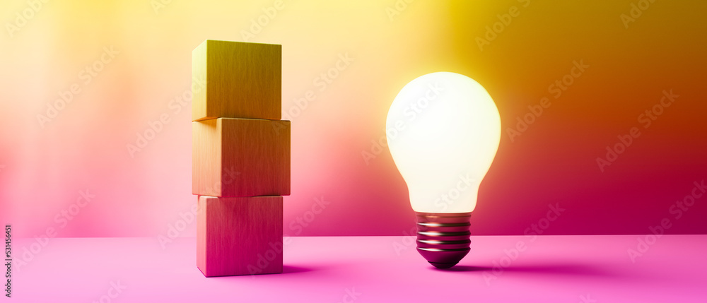 Glowing light bulb with wooden blocks - 3D render