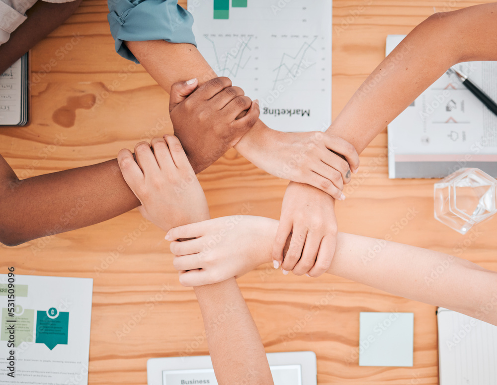 Team building, diversity and top view of hands of business people in meeting for strategy, connectio